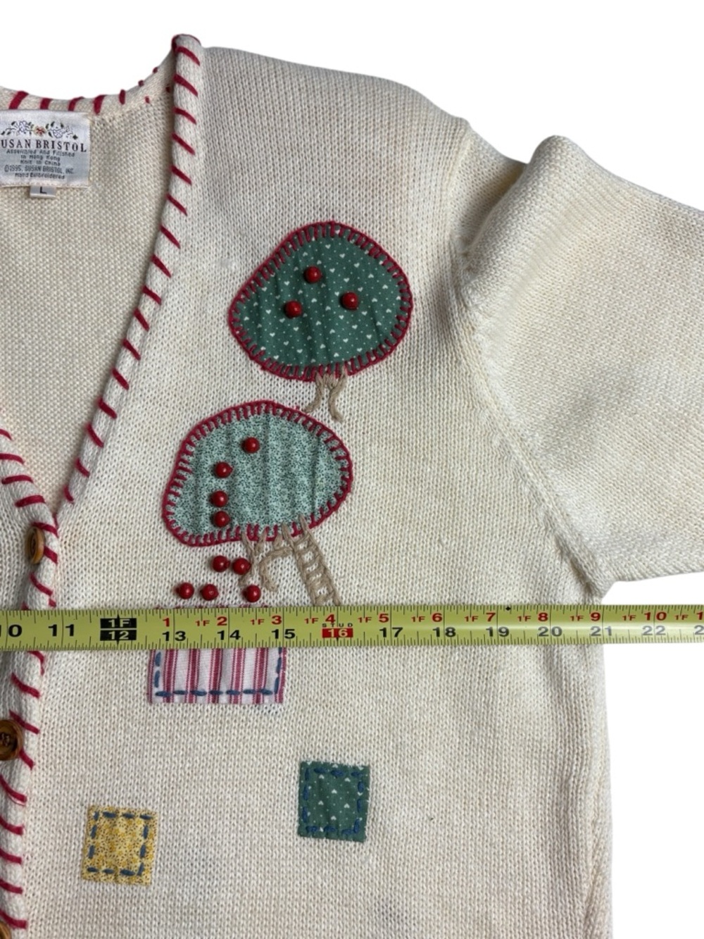 VTG 1995 Susan Bristol Hand Embroidered Farm Scene Cardigan • L • Ramie Cotton - Picture 8 of 12